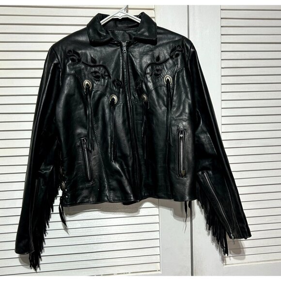 Vintage Gypsy Women's Black Leather Fringe Jacket Western Bohemian Size 18 3085 - Picture 11 of 15